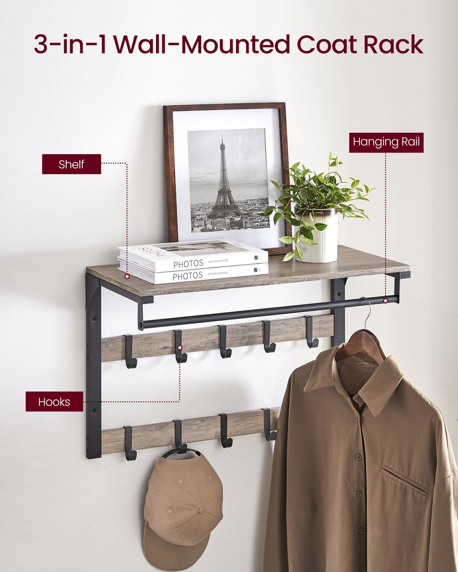 Wall-Mounted Coat Rack – Wood – Greige and Black – 10 Removable Hooks with Shelf
