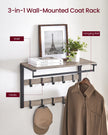 Wall-Mounted Coat Rack – Wood – Greige and Black – 10 Removable Hooks with Shelf