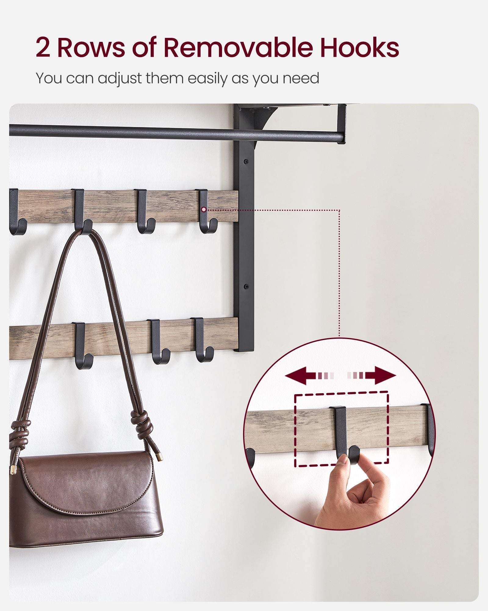 Wall-Mounted Coat Rack – Wood – Greige and Black – 10 Removable Hooks with Shelf