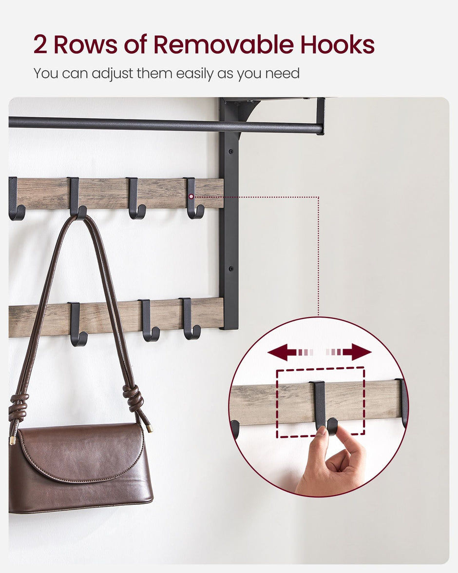 Wall-Mounted Coat Rack – Wood – Greige and Black – 10 Removable Hooks with Shelf