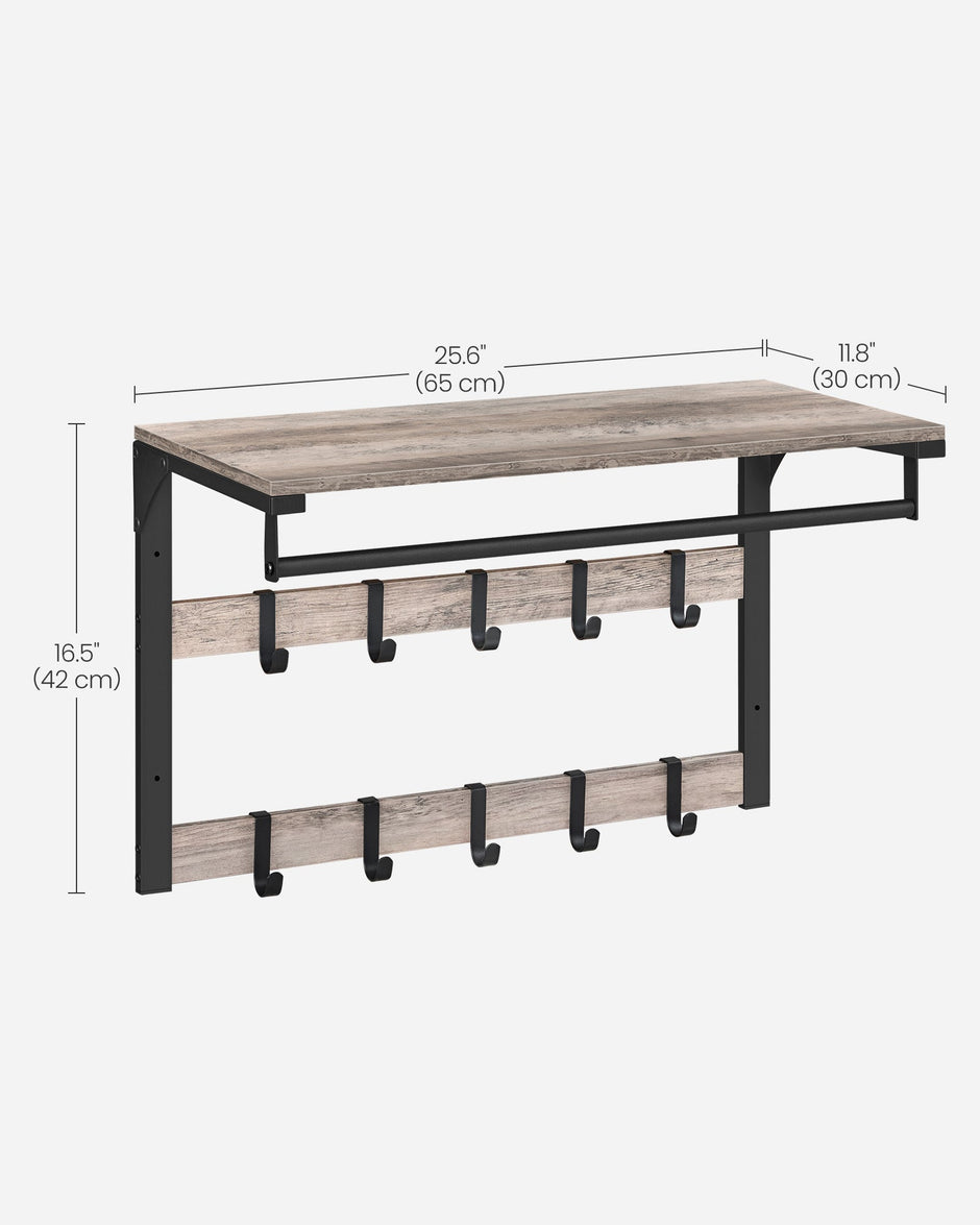 Wall-Mounted Coat Rack – Wood – Greige and Black – 10 Removable Hooks with Shelf