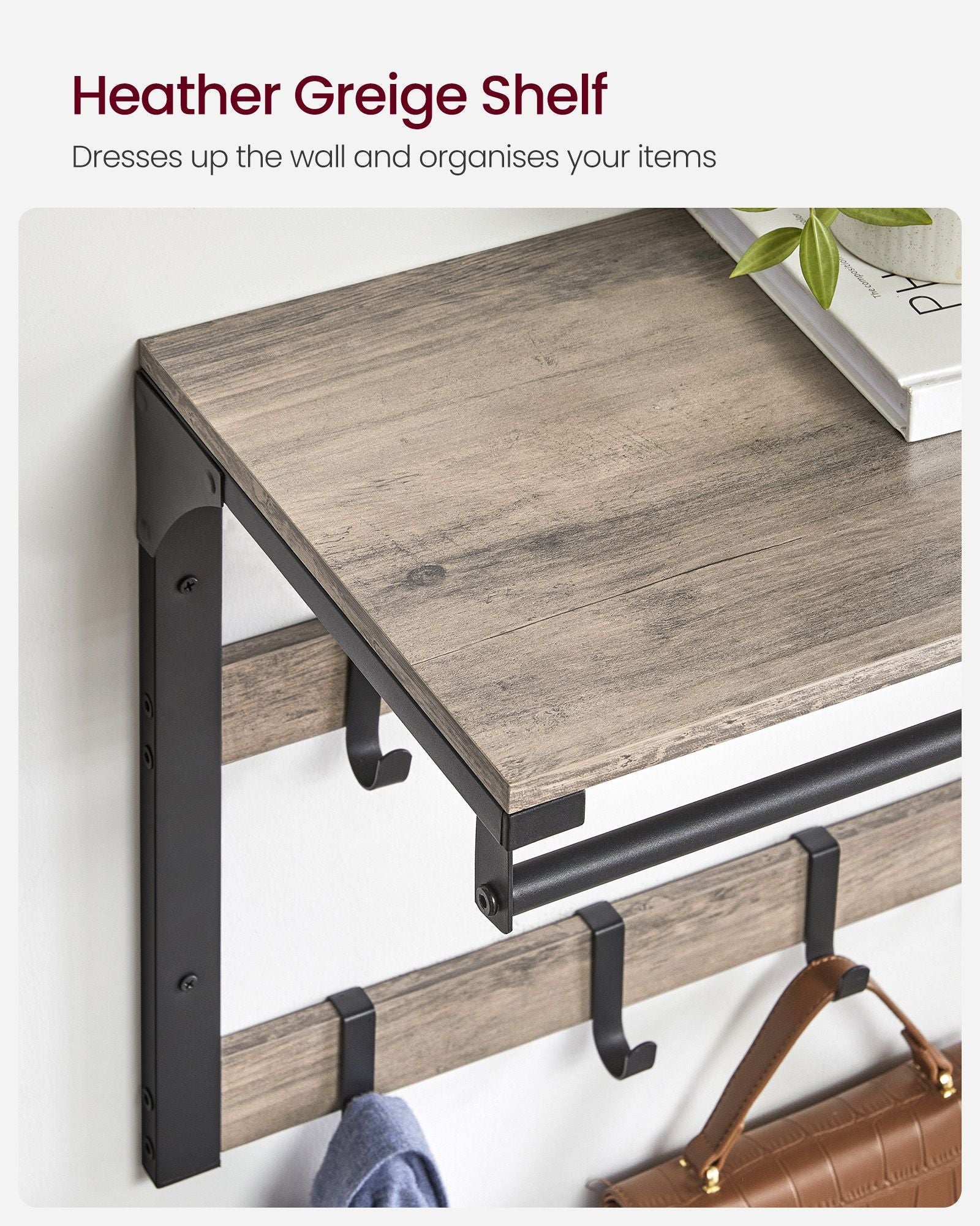 Wall-Mounted Coat Rack – Wood – Greige and Black – 10 Removable Hooks with Shelf