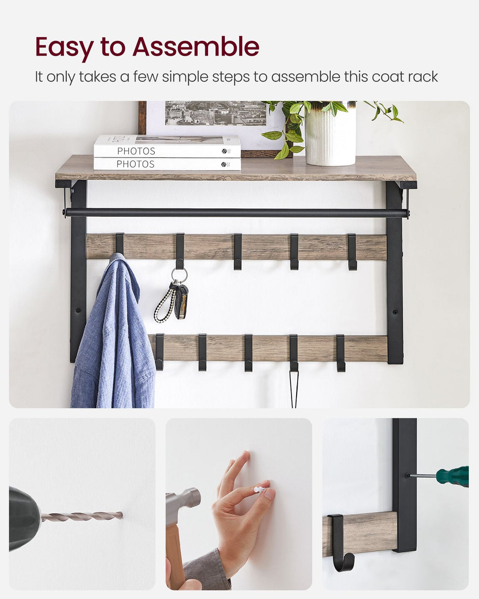 Wall-Mounted Coat Rack – Wood – Greige and Black – 10 Removable Hooks with Shelf