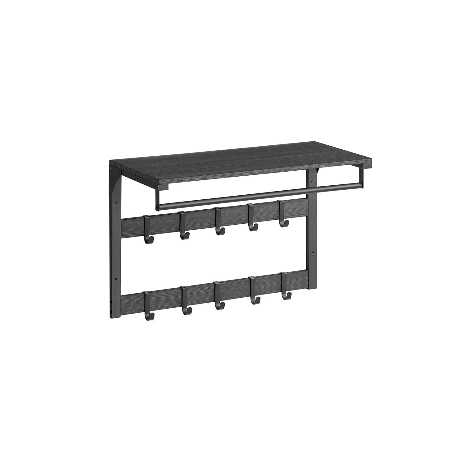 Wall-Mounted Coat Rack – Wood – Charcoal Grey and Ink Black – Includes 10 Removable Hooks and Shelf