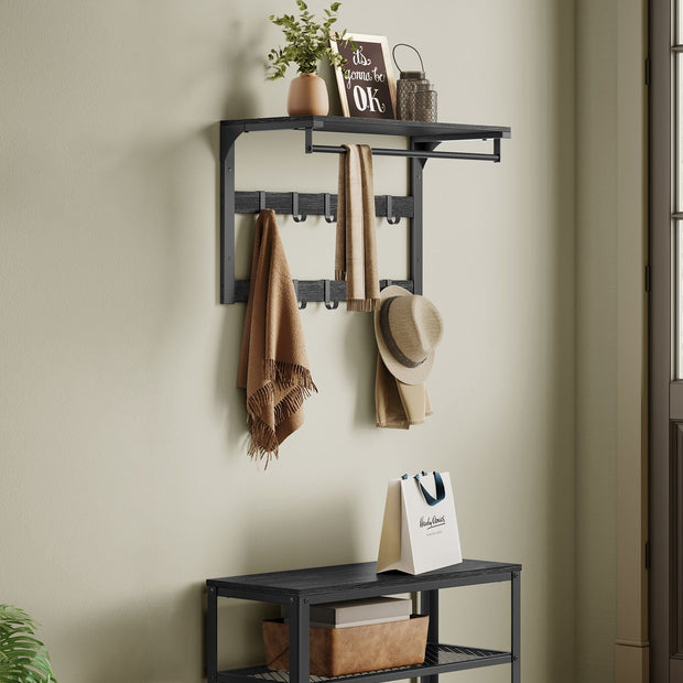 Wall-Mounted Coat Rack – Wood – Charcoal Grey and Ink Black – Includes 10 Removable Hooks and Shelf