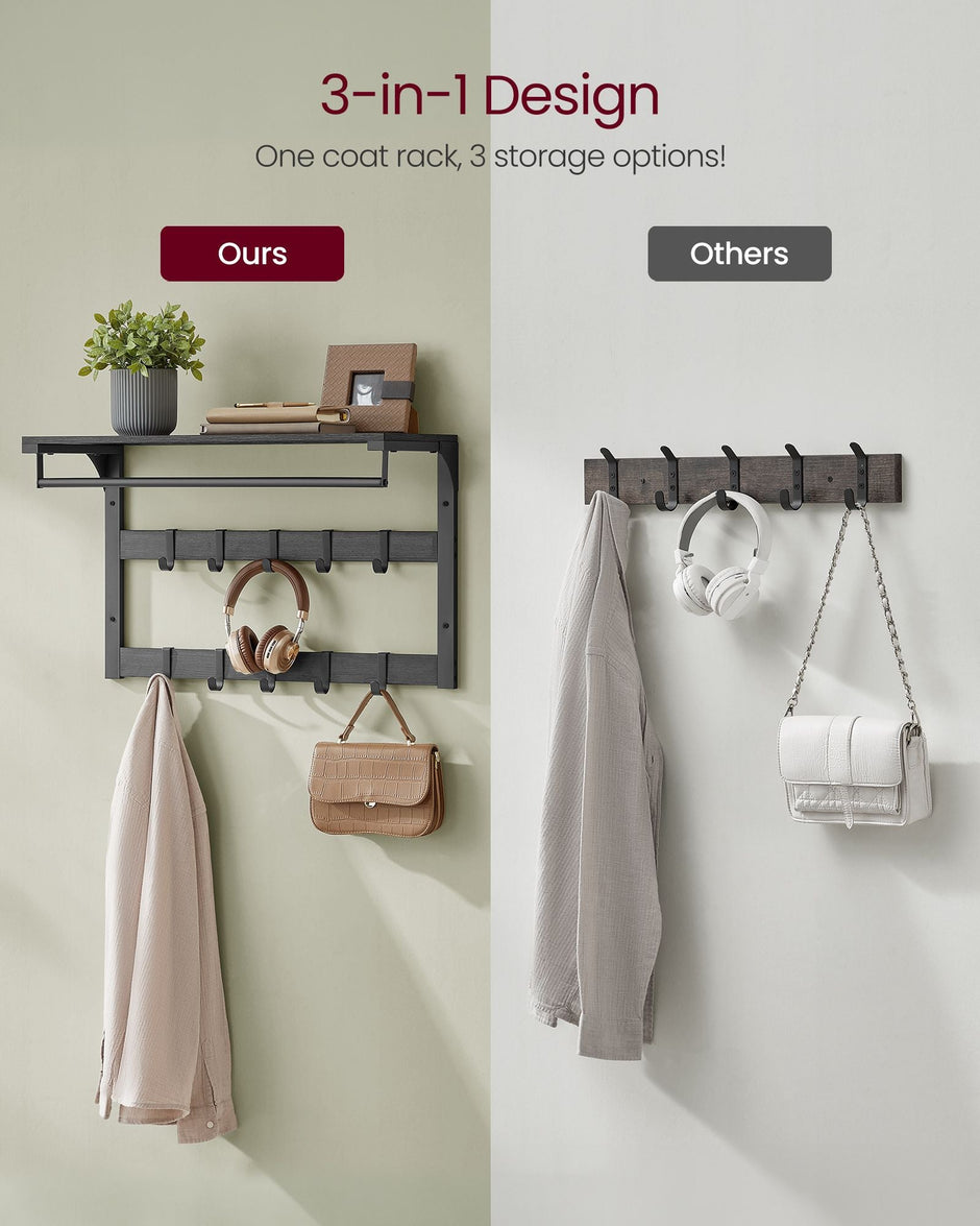 Wall-Mounted Coat Rack – Wood – Charcoal Grey and Ink Black – Includes 10 Removable Hooks and Shelf