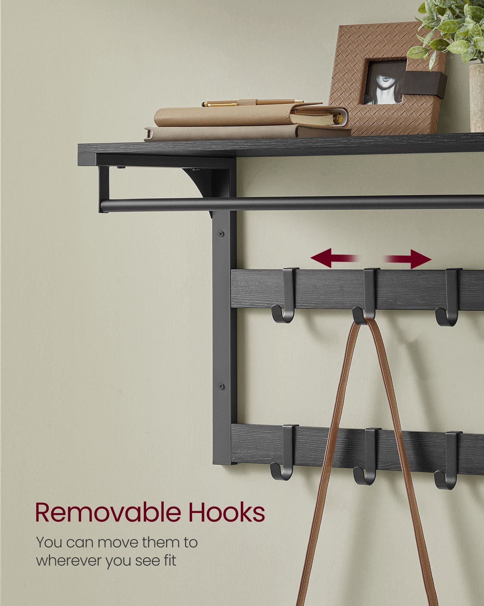 Wall-Mounted Coat Rack – Wood – Charcoal Grey and Ink Black – Includes 10 Removable Hooks and Shelf