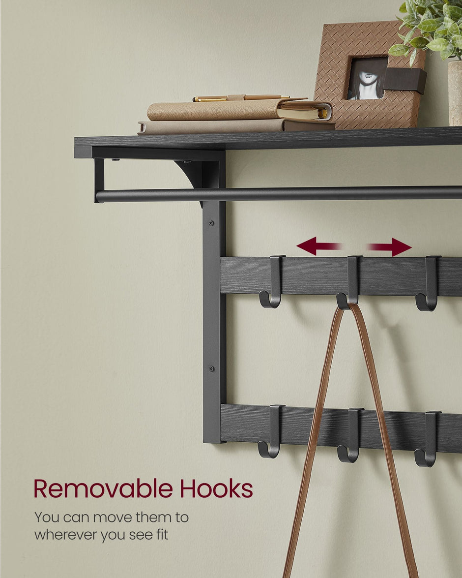 Wall-Mounted Coat Rack – Wood – Charcoal Grey and Ink Black – Includes 10 Removable Hooks and Shelf