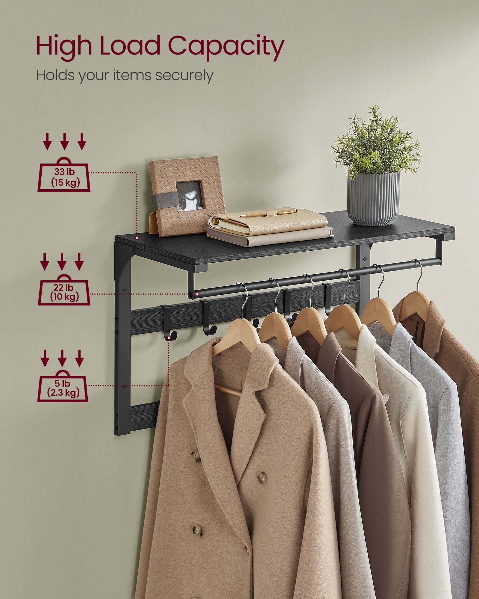 Wall-Mounted Coat Rack – Wood – Charcoal Grey and Ink Black – Includes 10 Removable Hooks and Shelf