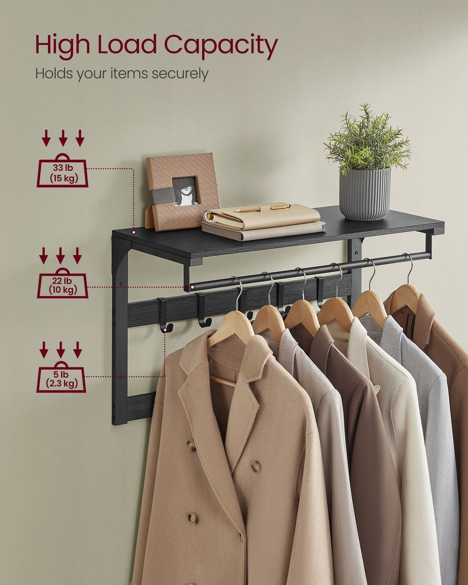Wall-Mounted Coat Rack – Wood – Charcoal Grey and Ink Black – Includes 10 Removable Hooks and Shelf