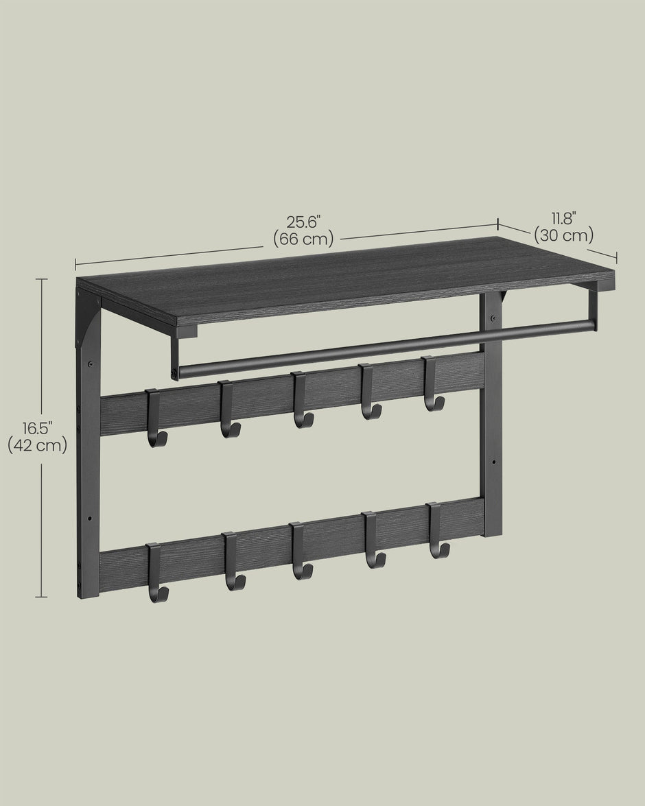 Wall-Mounted Coat Rack – Wood – Charcoal Grey and Ink Black – Includes 10 Removable Hooks and Shelf