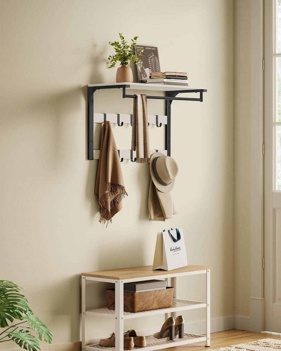 Wall-Mounted Coat Rack – Wood – Rustic White and Ink Black – 10 Removable Hooks with Shelf