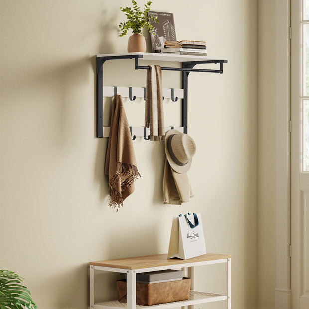 Wall-Mounted Coat Rack – Wood – Rustic White and Ink Black – 10 Removable Hooks with Shelf