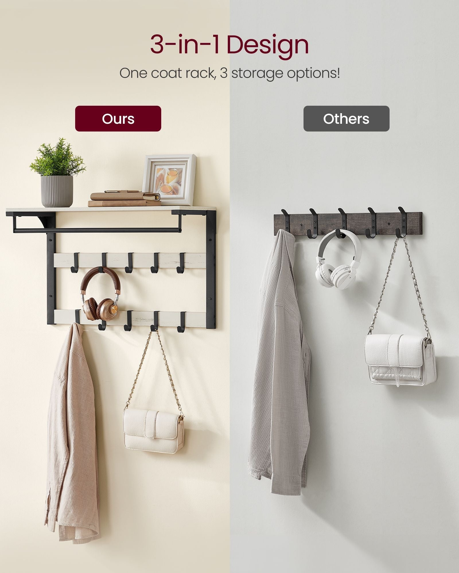 Wall-Mounted Coat Rack – Wood – Rustic White and Ink Black – 10 Removable Hooks with Shelf