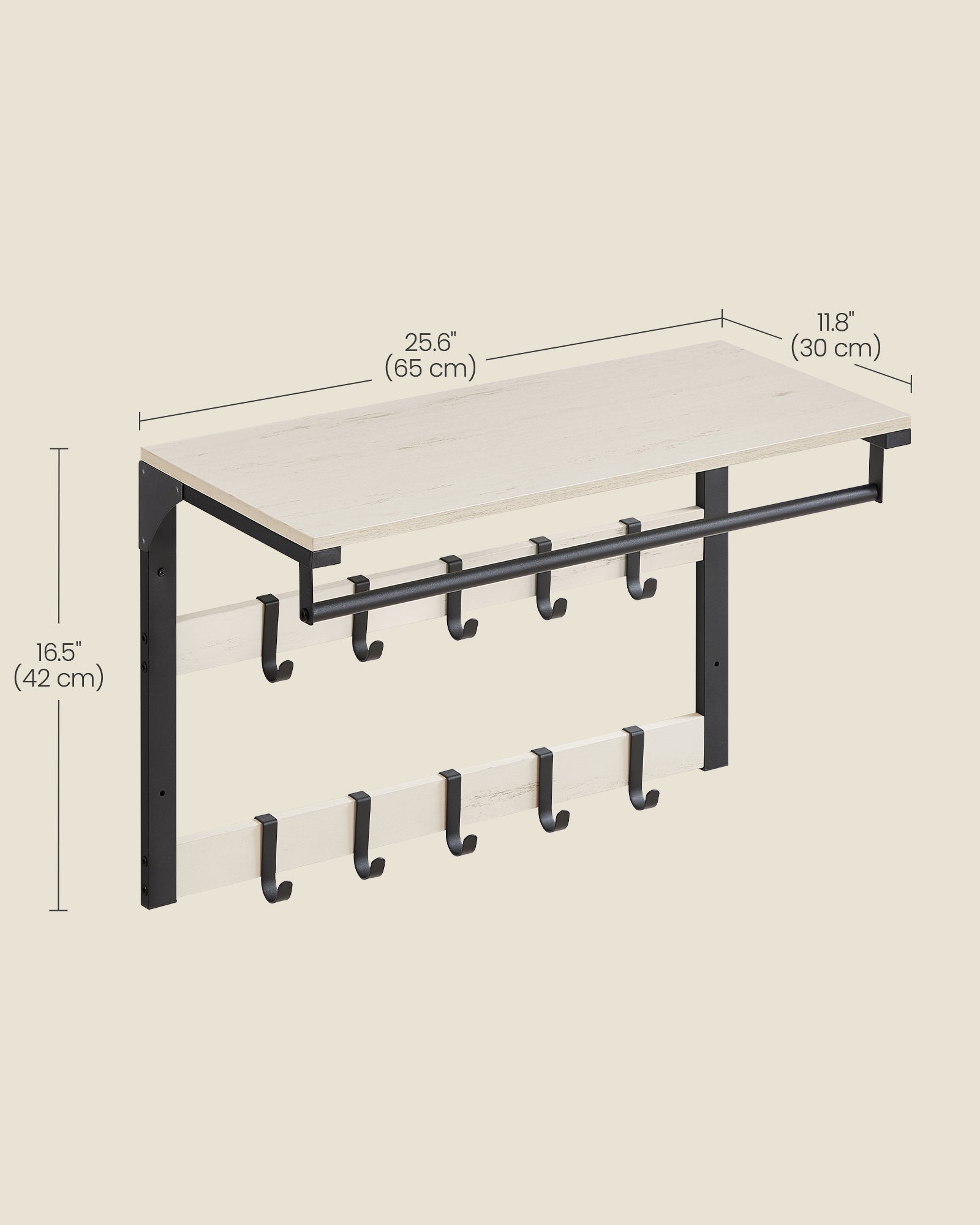 Wall-Mounted Coat Rack – Wood – Rustic White and Ink Black – 10 Removable Hooks with Shelf