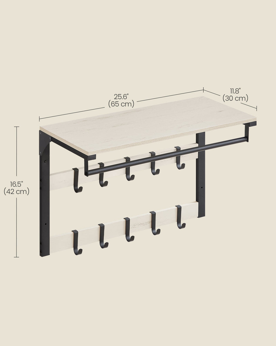 Wall-Mounted Coat Rack – Wood – Rustic White and Ink Black – 10 Removable Hooks with Shelf