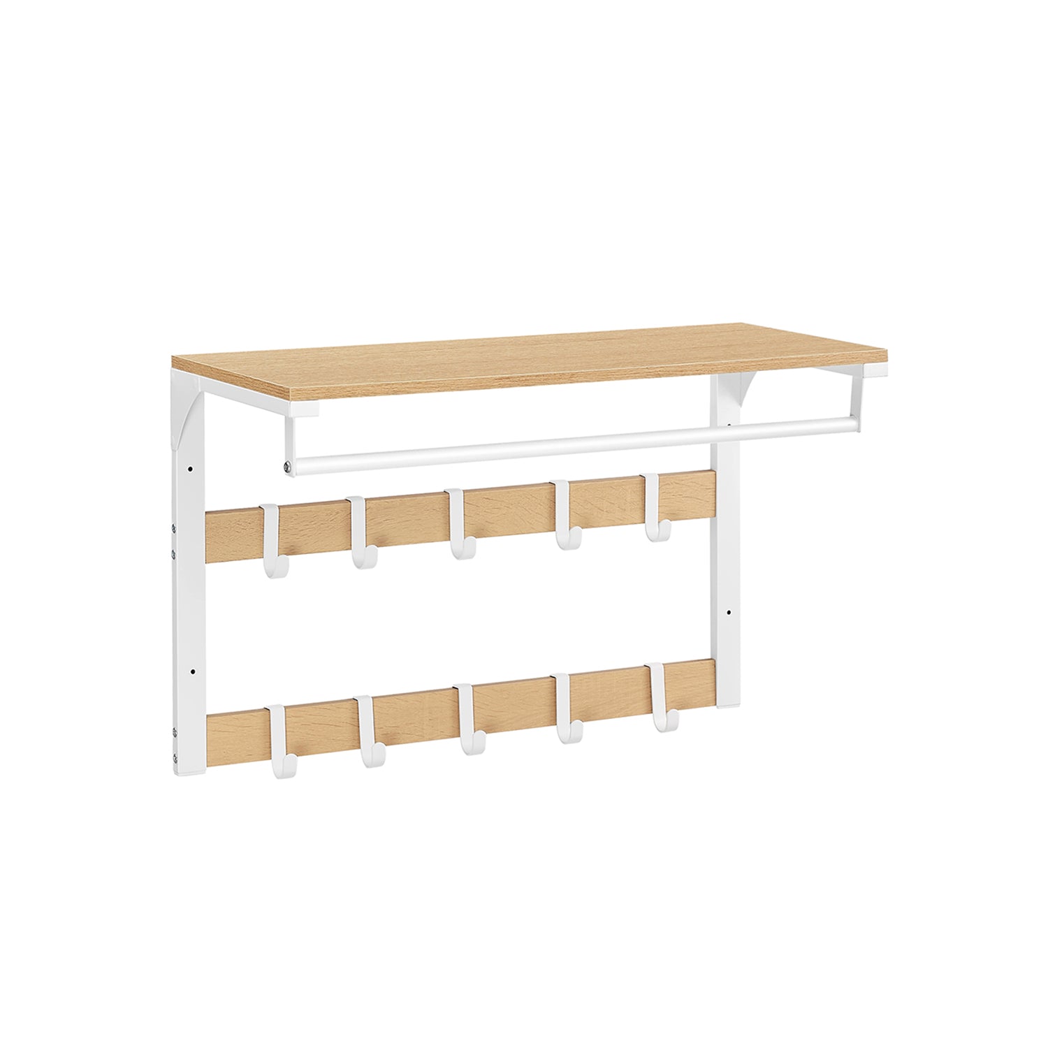 Coat Rack – Wood – Oak and White – Wall Mounted with 10 Removable Hooks and Shelf
