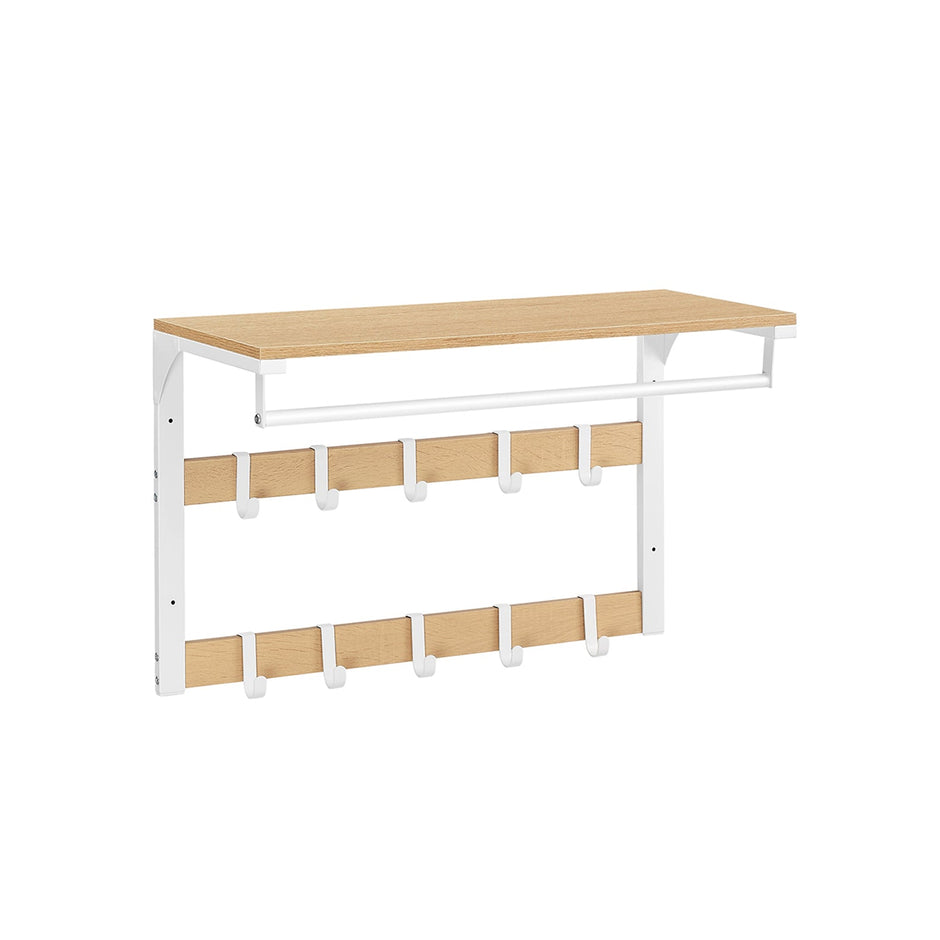 Coat Rack – Wood – Oak and White – Wall Mounted with 10 Removable Hooks and Shelf