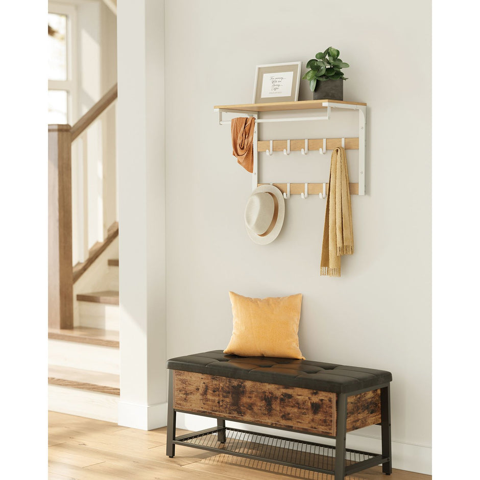 Coat Rack – Wood – Oak and White – Wall Mounted with 10 Removable Hooks and Shelf