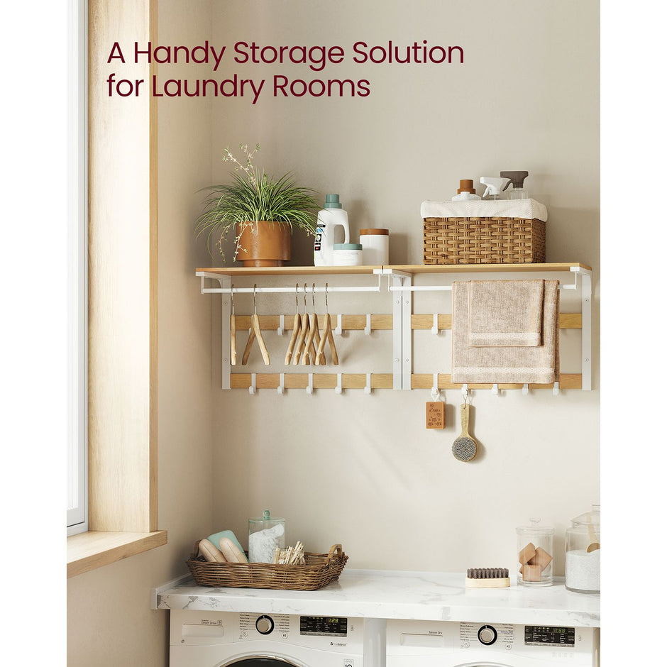Coat Rack – Wood – Oak and White – Wall Mounted with 10 Removable Hooks and Shelf