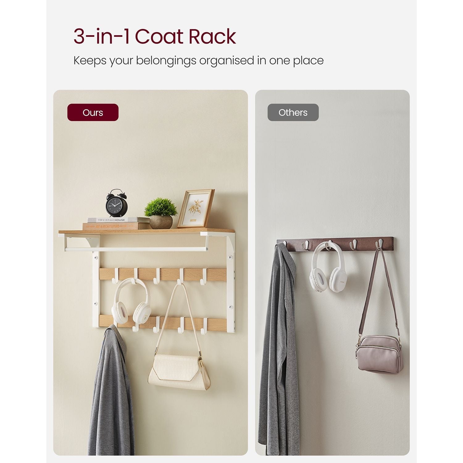 Coat Rack – Wood – Oak and White – Wall Mounted with 10 Removable Hooks and Shelf