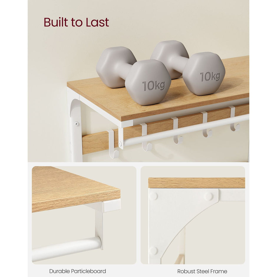 Coat Rack – Wood – Oak and White – Wall Mounted with 10 Removable Hooks and Shelf