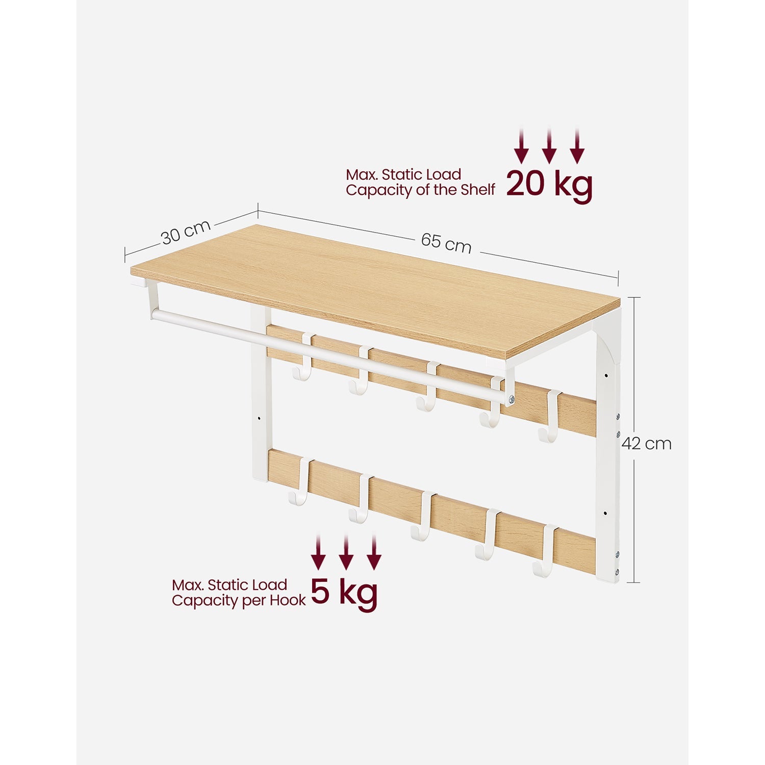 Coat Rack – Wood – Oak and White – Wall Mounted with 10 Removable Hooks and Shelf