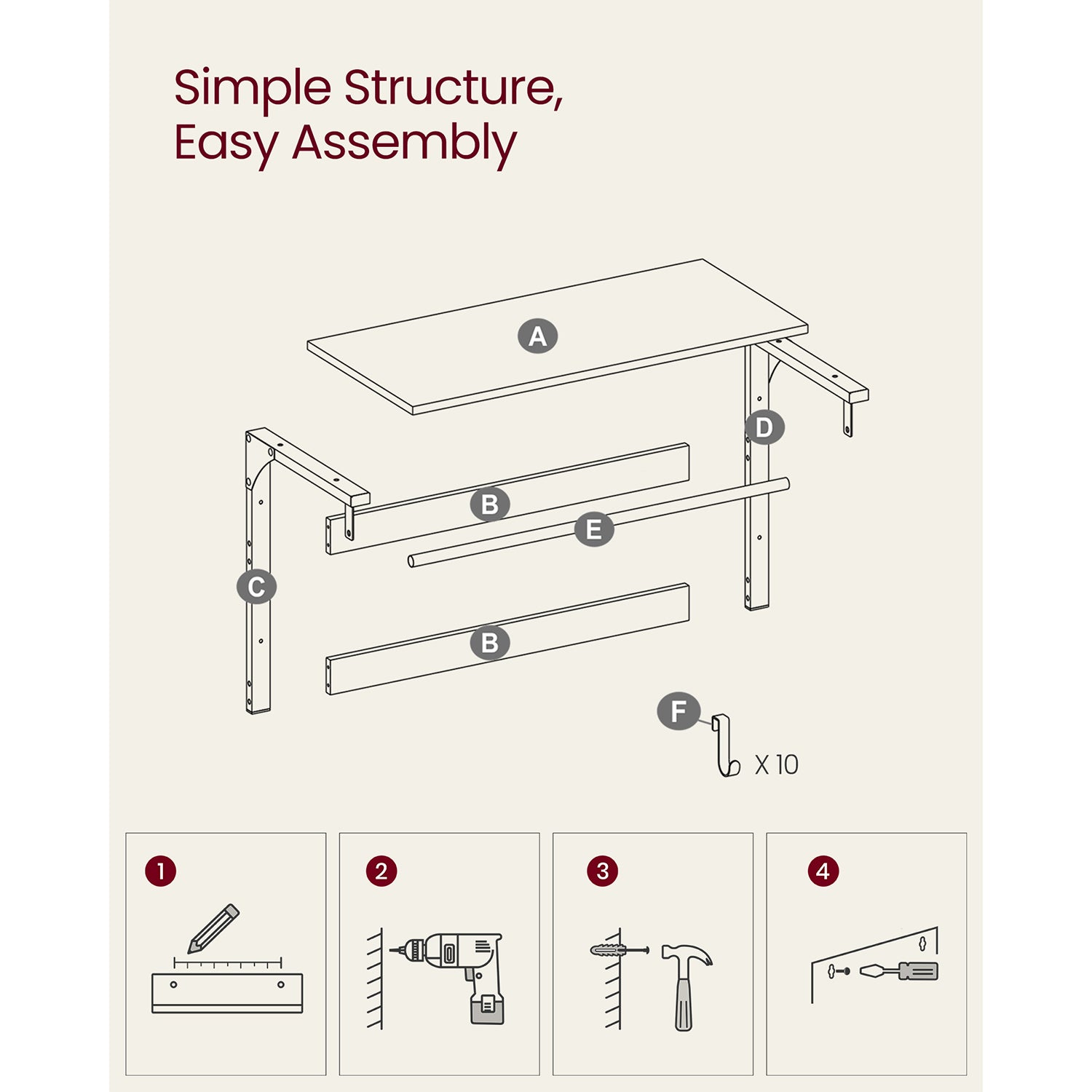 Coat Rack – Wood – Oak and White – Wall Mounted with 10 Removable Hooks and Shelf