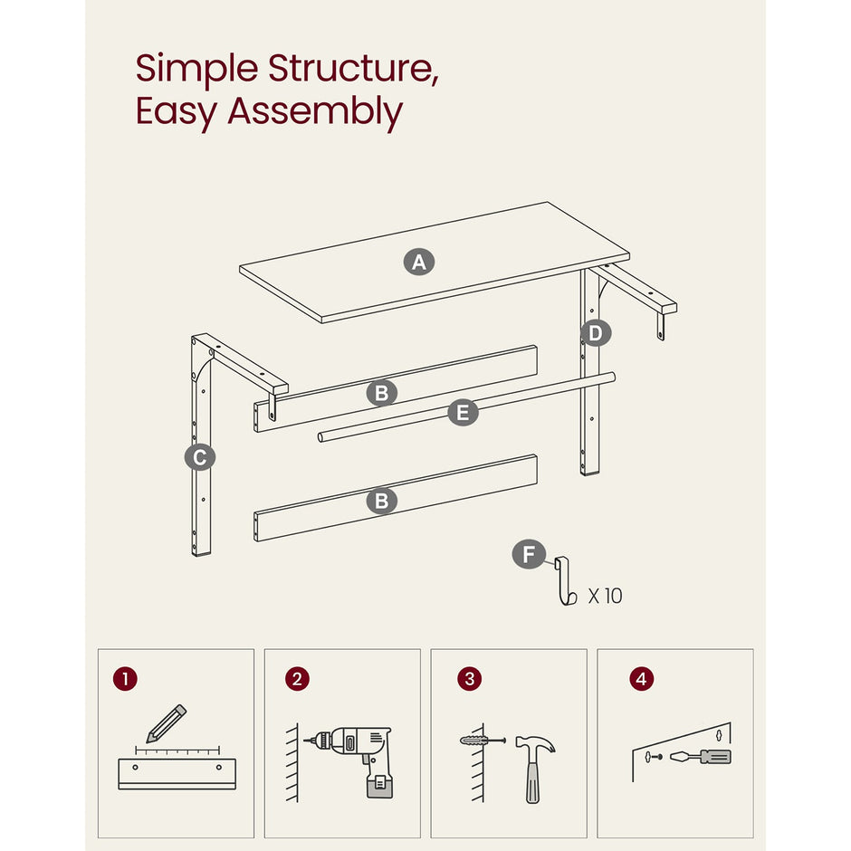 Coat Rack – Wood – Oak and White – Wall Mounted with 10 Removable Hooks and Shelf