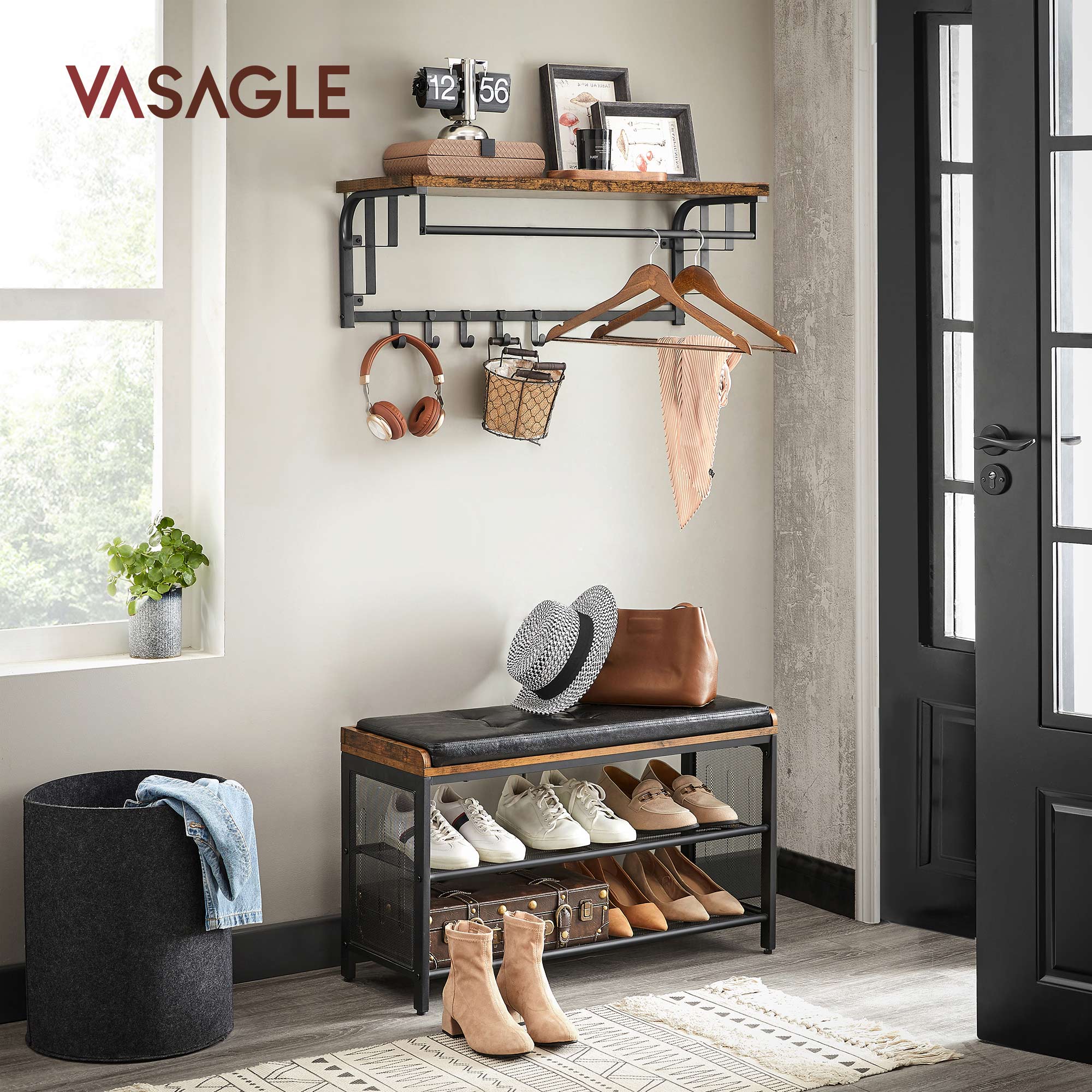 Wall-Mounted Coat Rack – Metal – Industrial Grey – Includes Storage Shelf and 5 Removable Hooks
