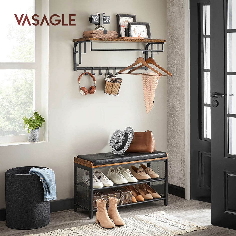 Wall-Mounted Coat Rack – Metal – Industrial Grey – Includes Storage Shelf and 5 Removable Hooks