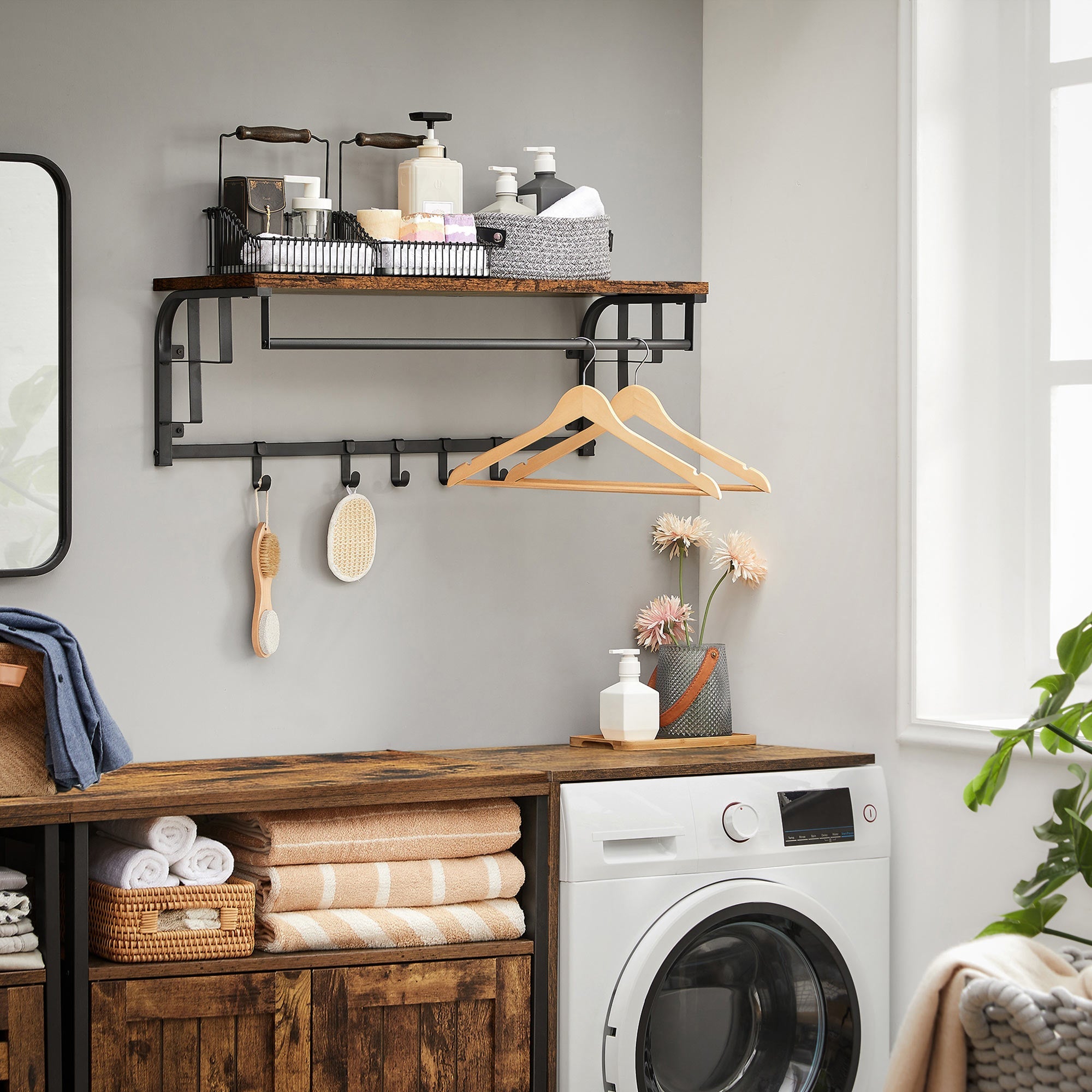Wall-Mounted Coat Rack – Metal – Industrial Grey – Includes Storage Shelf and 5 Removable Hooks