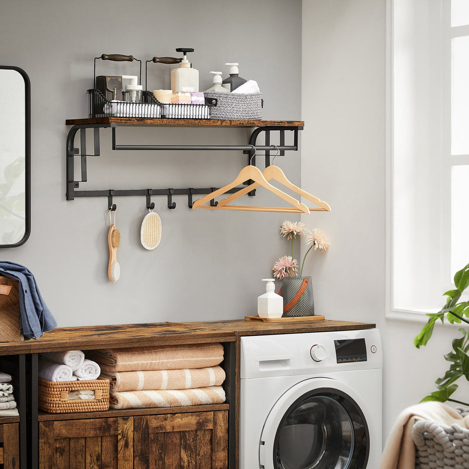 Wall-Mounted Coat Rack – Metal – Industrial Grey – Includes Storage Shelf and 5 Removable Hooks