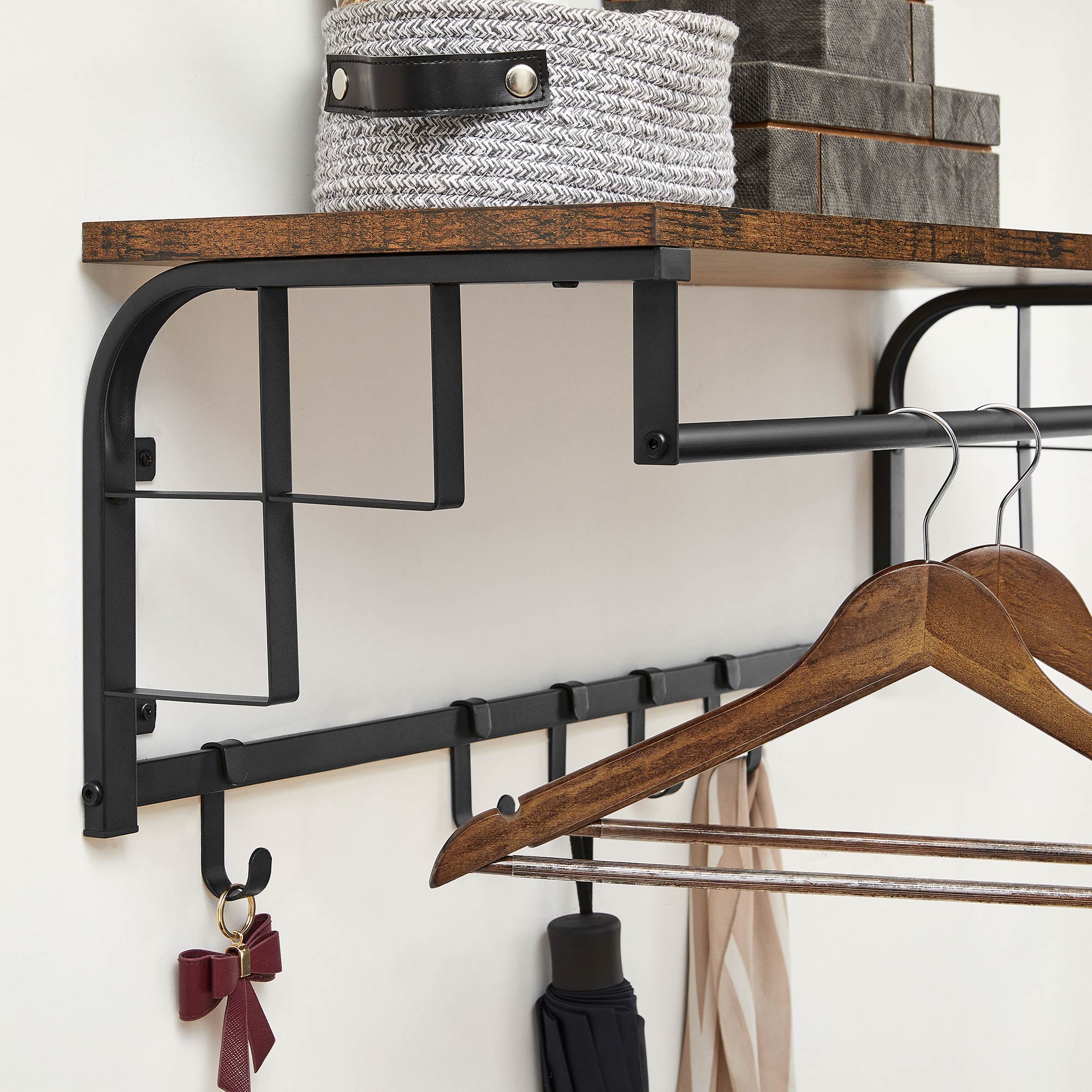 Wall-Mounted Coat Rack – Metal – Industrial Grey – Includes Storage Shelf and 5 Removable Hooks