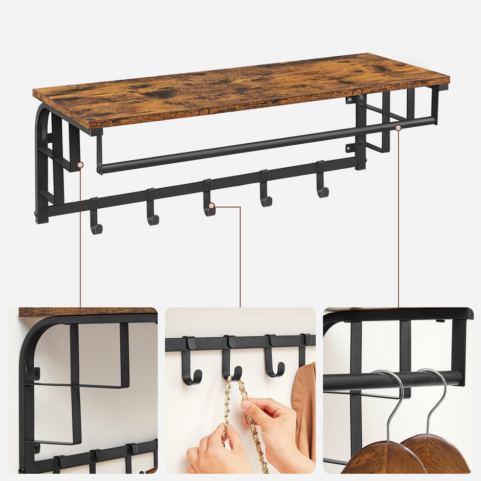 Wall-Mounted Coat Rack – Metal – Industrial Grey – Includes Storage Shelf and 5 Removable Hooks