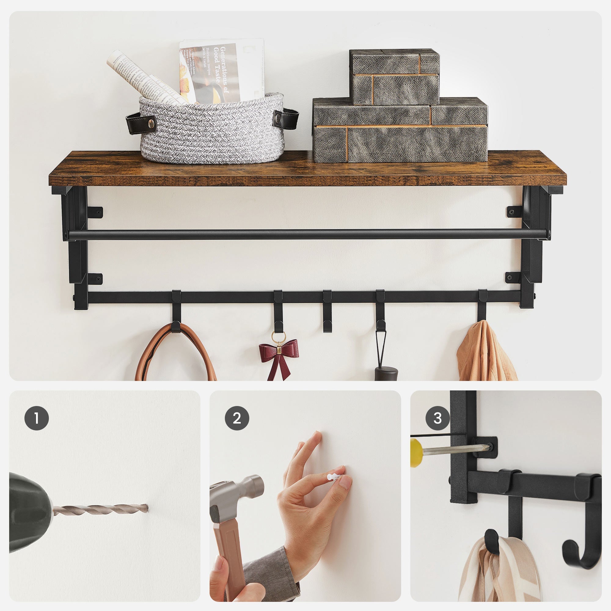 Wall-Mounted Coat Rack – Metal – Industrial Grey – Includes Storage Shelf and 5 Removable Hooks