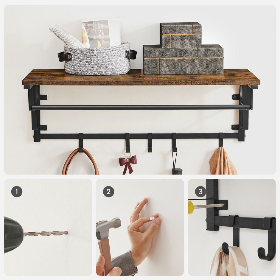 Wall-Mounted Coat Rack – Metal – Industrial Grey – Includes Storage Shelf and 5 Removable Hooks