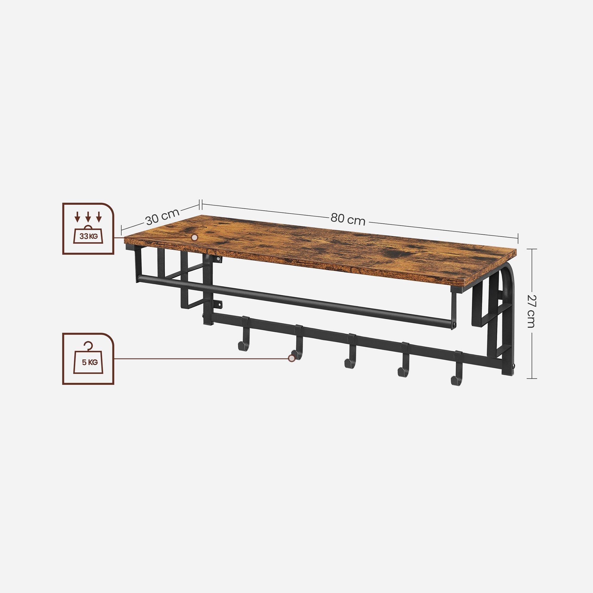 Wall-Mounted Coat Rack – Metal – Industrial Grey – Includes Storage Shelf and 5 Removable Hooks