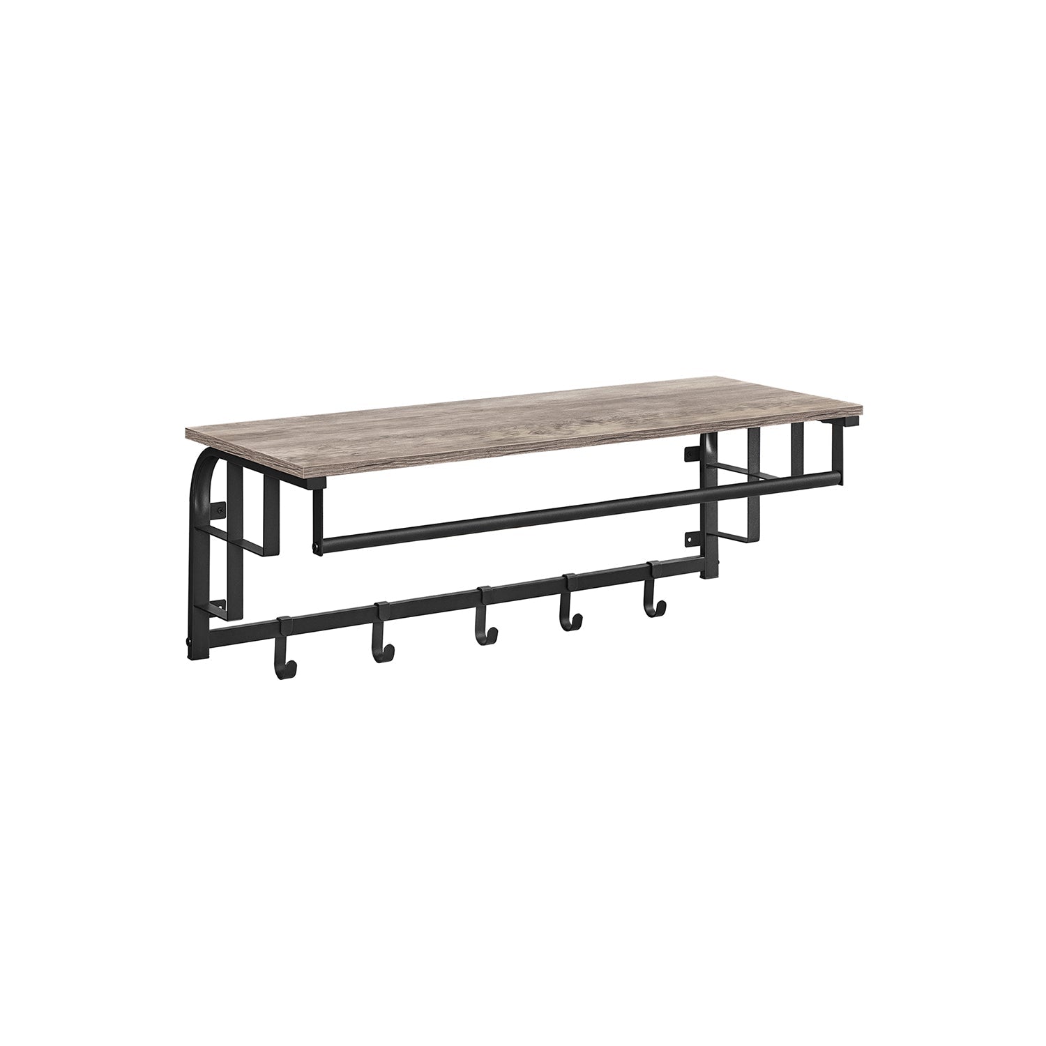 Wall-Mounted Coat Rack – Wood and Metal – Greige and Black – 5 Hooks and Shelf