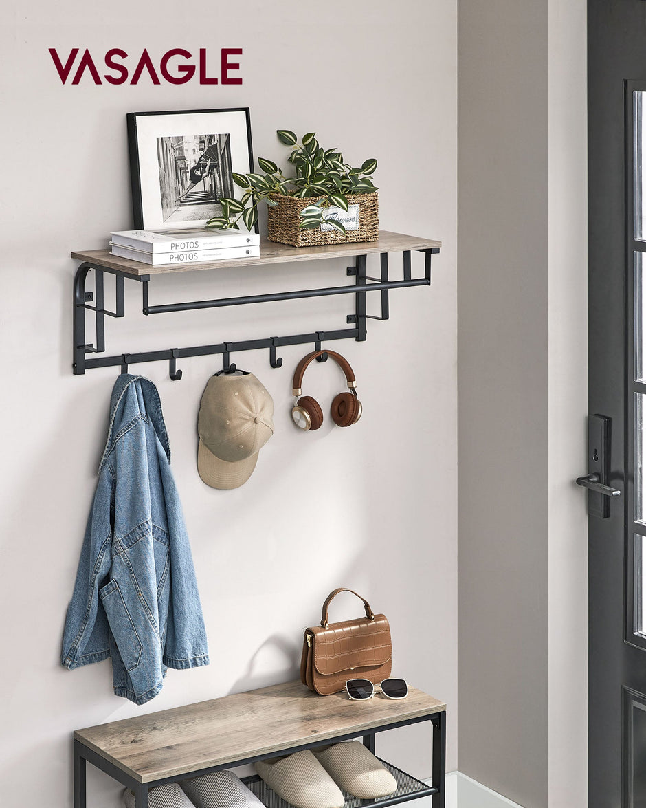 Wall-Mounted Coat Rack – Wood and Metal – Greige and Black – 5 Hooks and Shelf