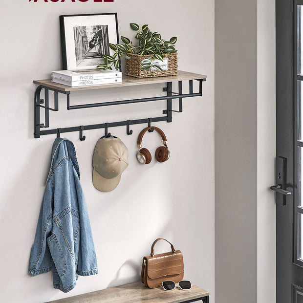 Wall-Mounted Coat Rack – Wood and Metal – Greige and Black – 5 Hooks and Shelf