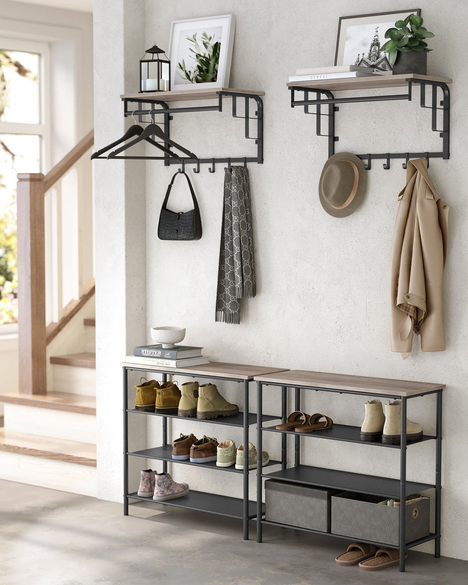 Wall-Mounted Coat Rack – Wood and Metal – Greige and Black – 5 Hooks and Shelf
