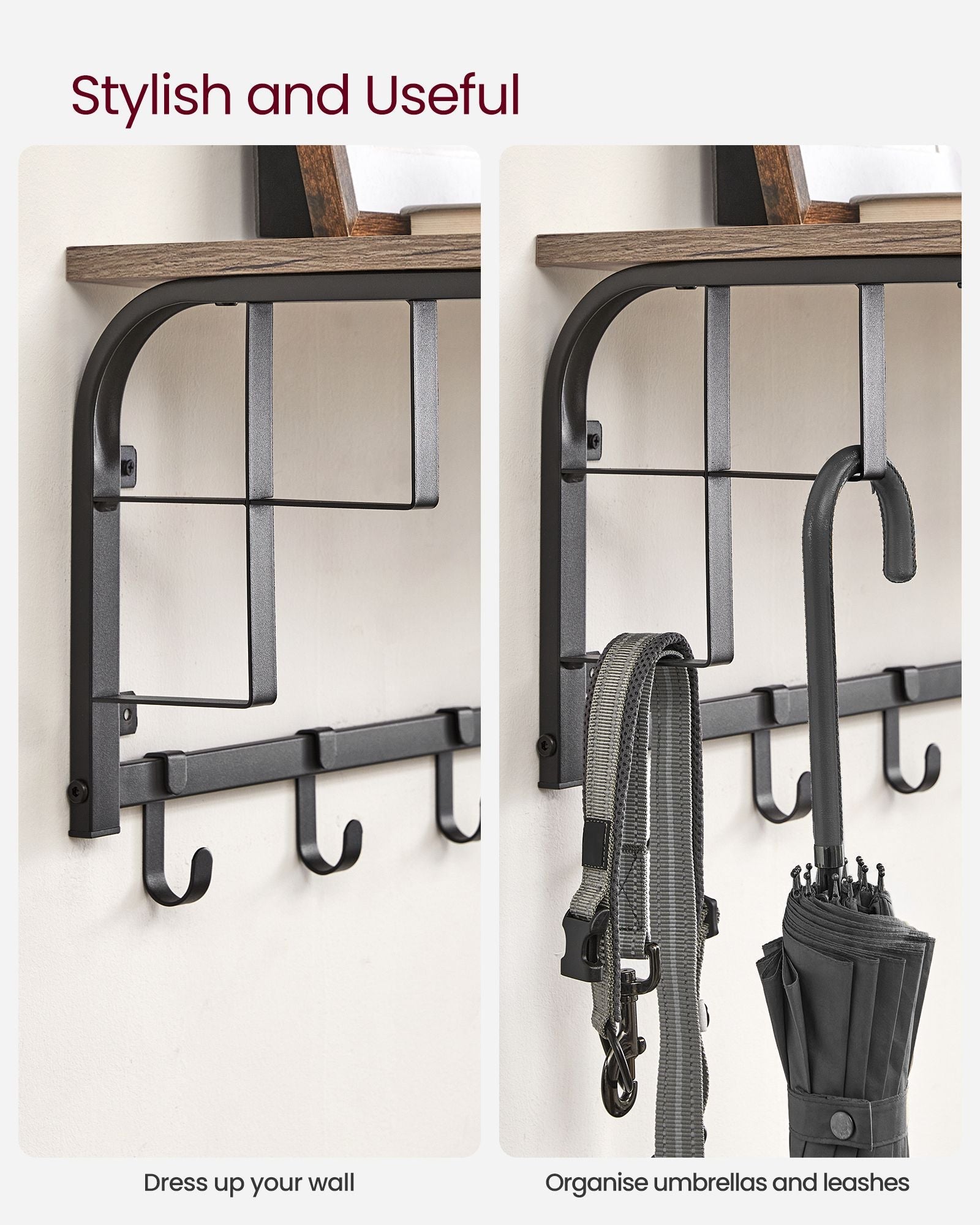 Wall-Mounted Coat Rack – Wood and Metal – Greige and Black – 5 Hooks and Shelf