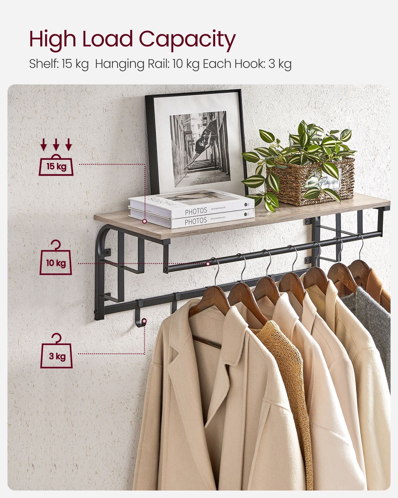 Wall-Mounted Coat Rack – Wood and Metal – Greige and Black – 5 Hooks and Shelf