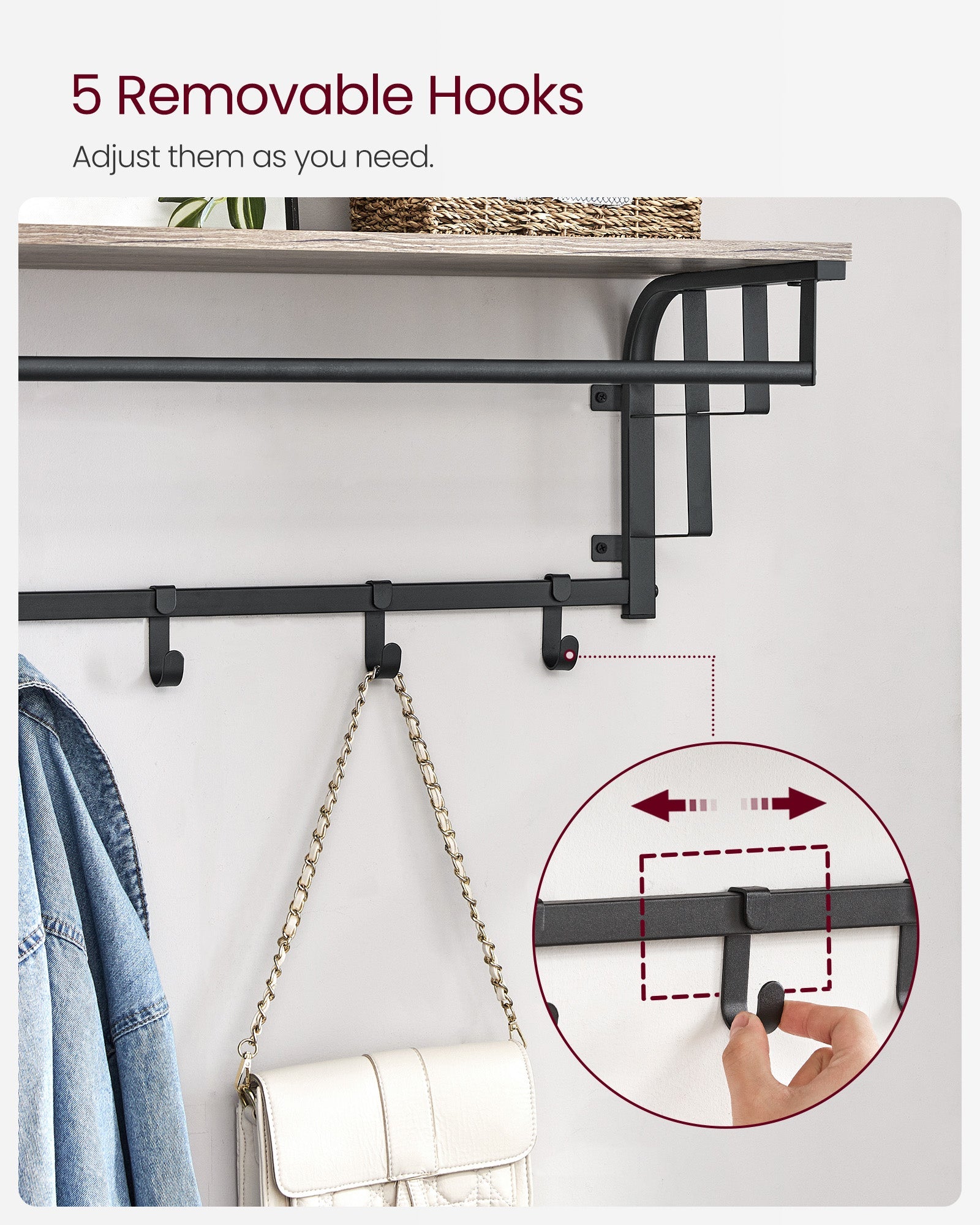 Wall-Mounted Coat Rack – Wood and Metal – Greige and Black – 5 Hooks and Shelf