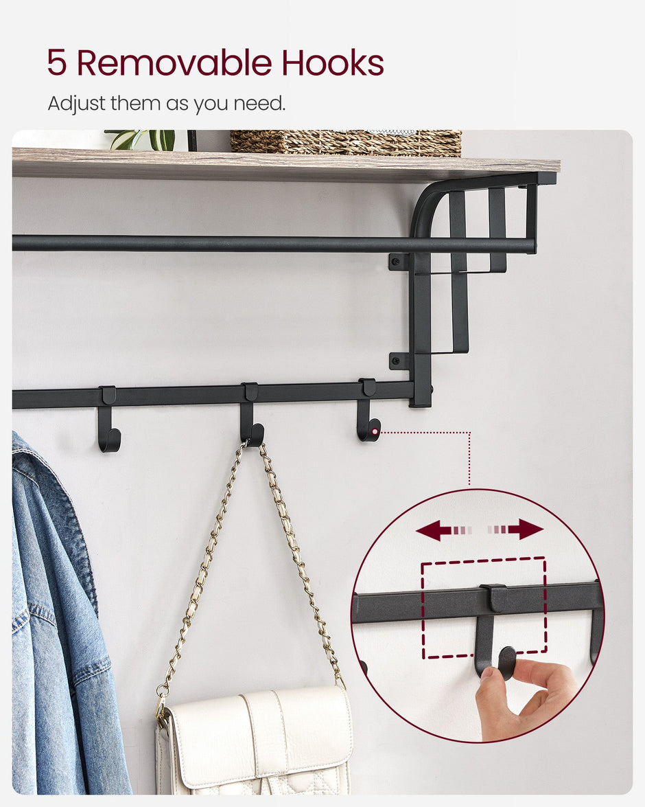 Wall-Mounted Coat Rack – Wood and Metal – Greige and Black – 5 Hooks and Shelf