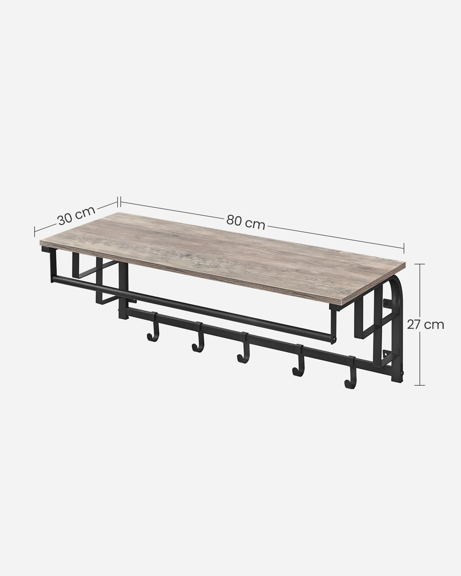 Wall-Mounted Coat Rack – Wood and Metal – Greige and Black – 5 Hooks and Shelf