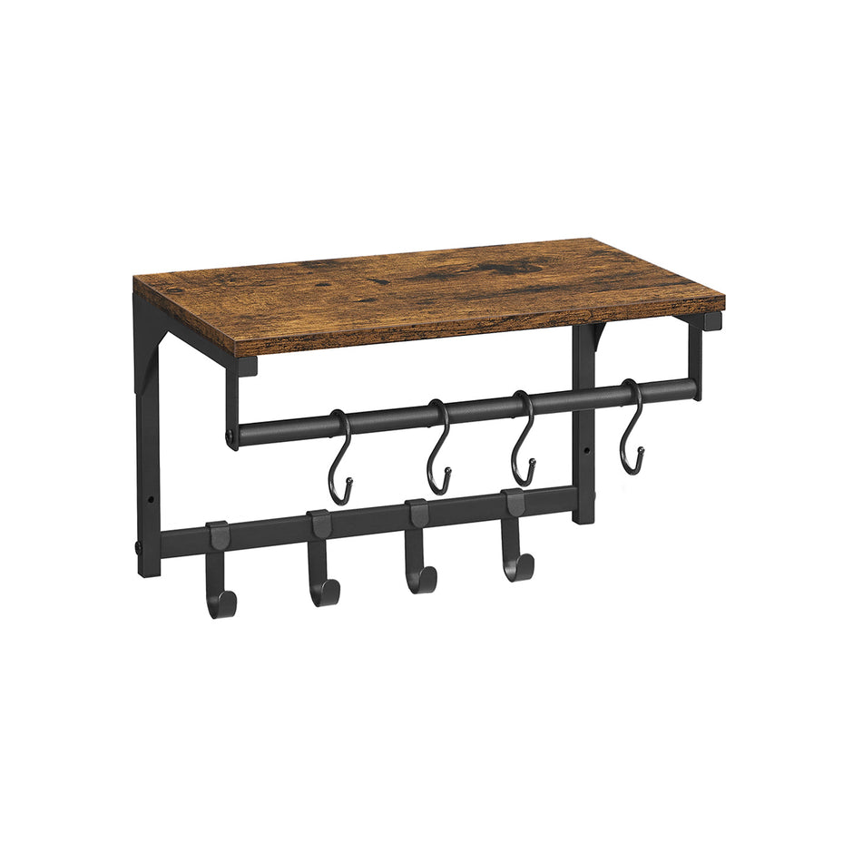 Coat Rack – Wood and Metal – Rustic Brown and Black – 8 Hooks with Shelf