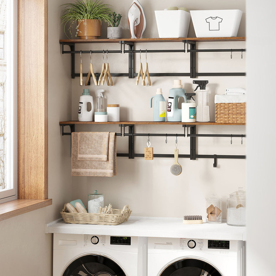 Coat Rack – Wood and Metal – Rustic Brown and Black – 8 Hooks with Shelf