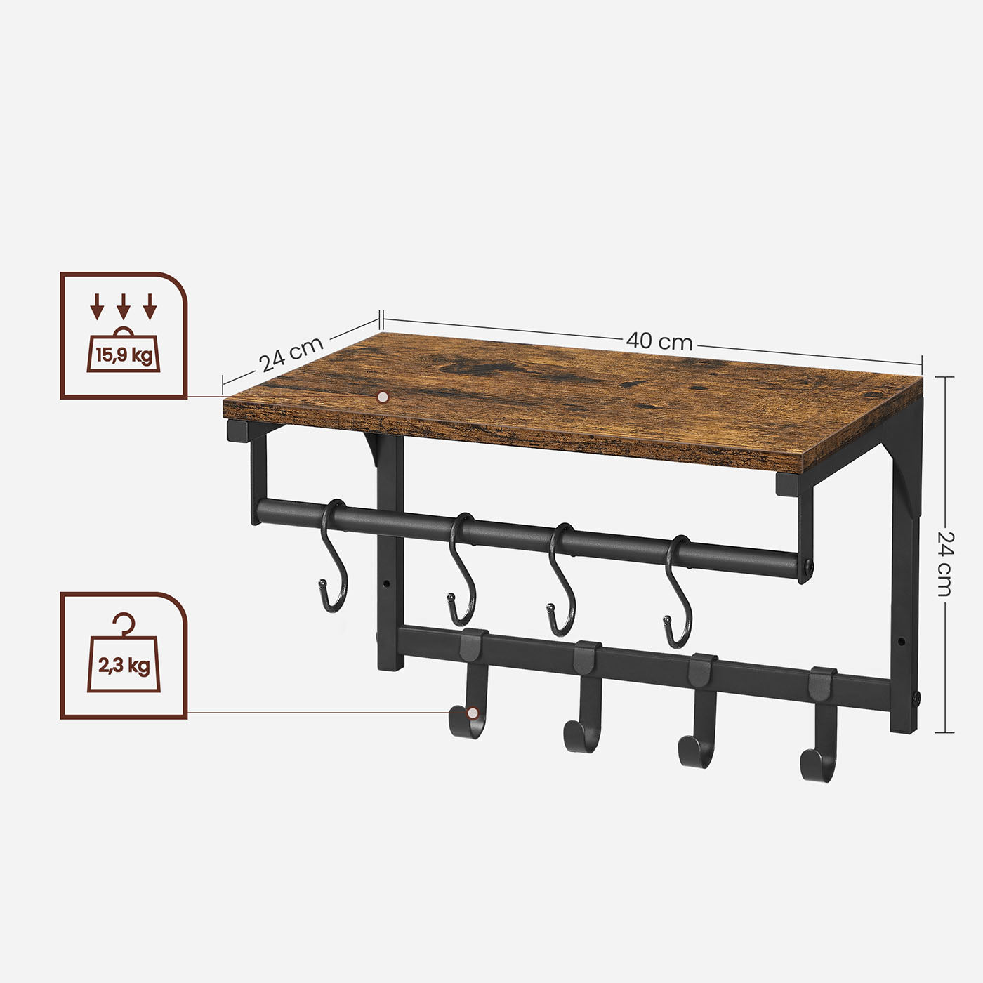 Coat Rack – Wood and Metal – Rustic Brown and Black – 8 Hooks with Shelf